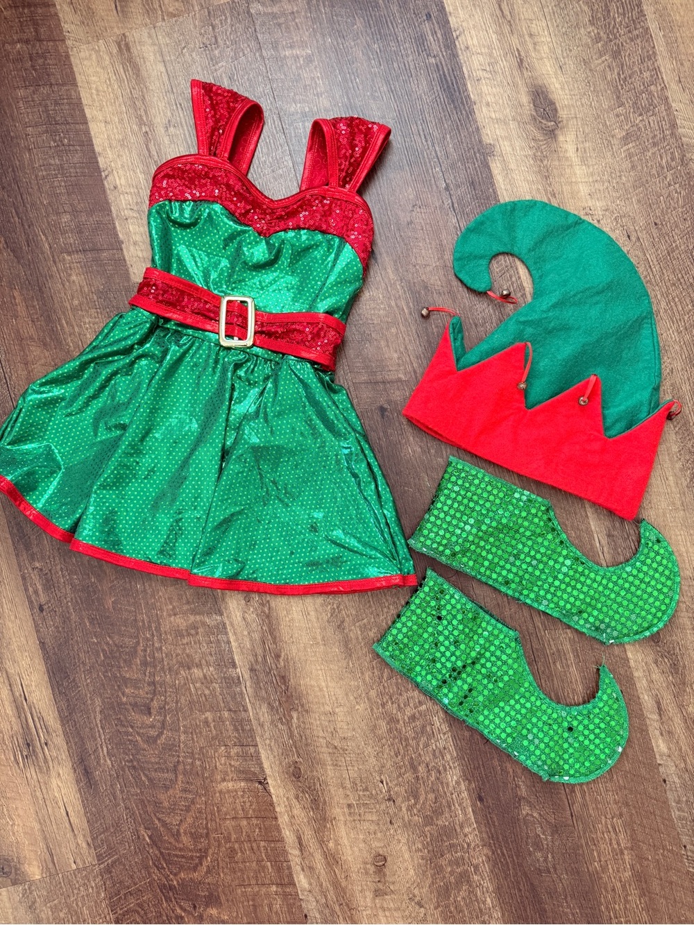 Girls Green & Red Elf Dance Costume Dress with Hat and Shoe Covers